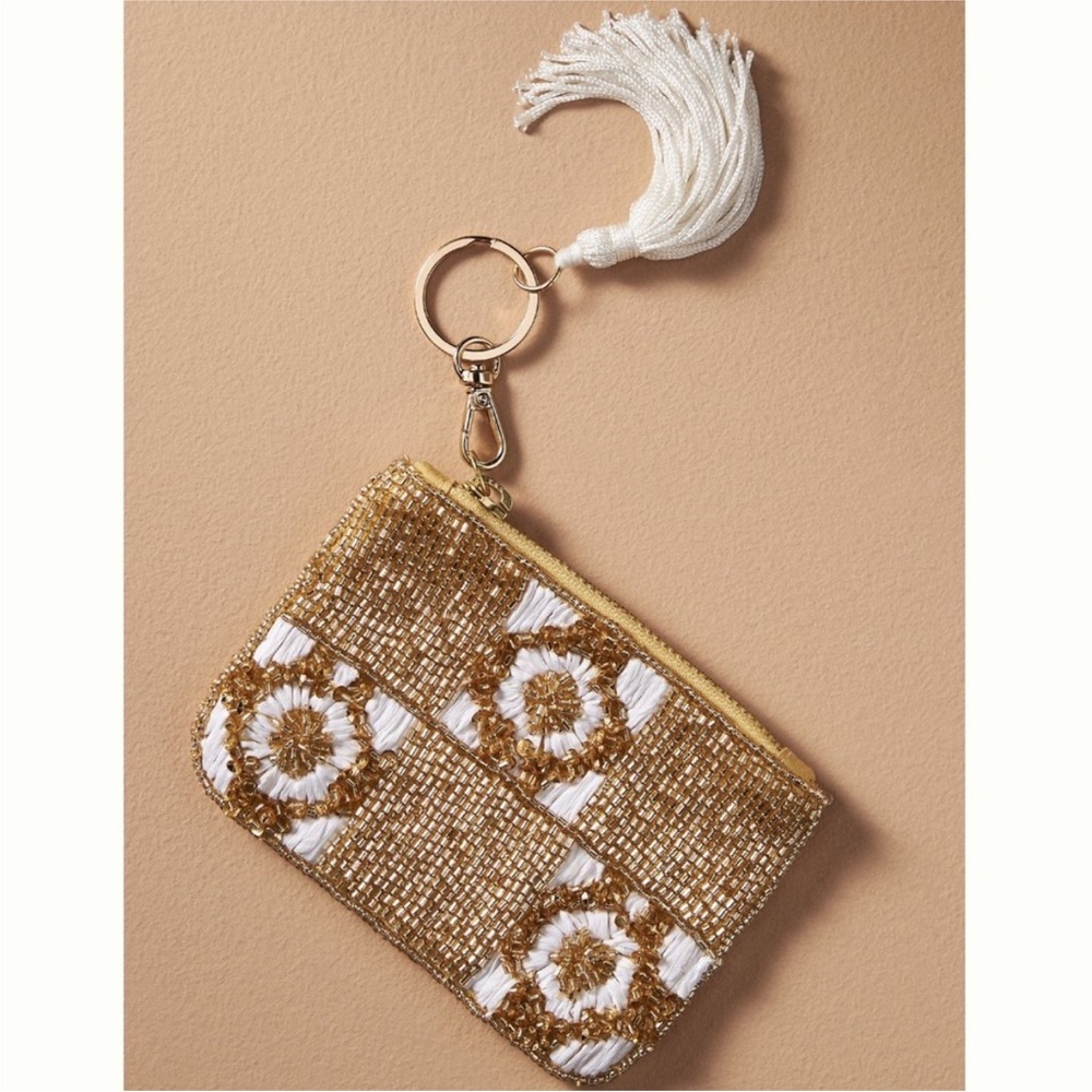 Anthropologie Beaded Floral Check Coin Purse